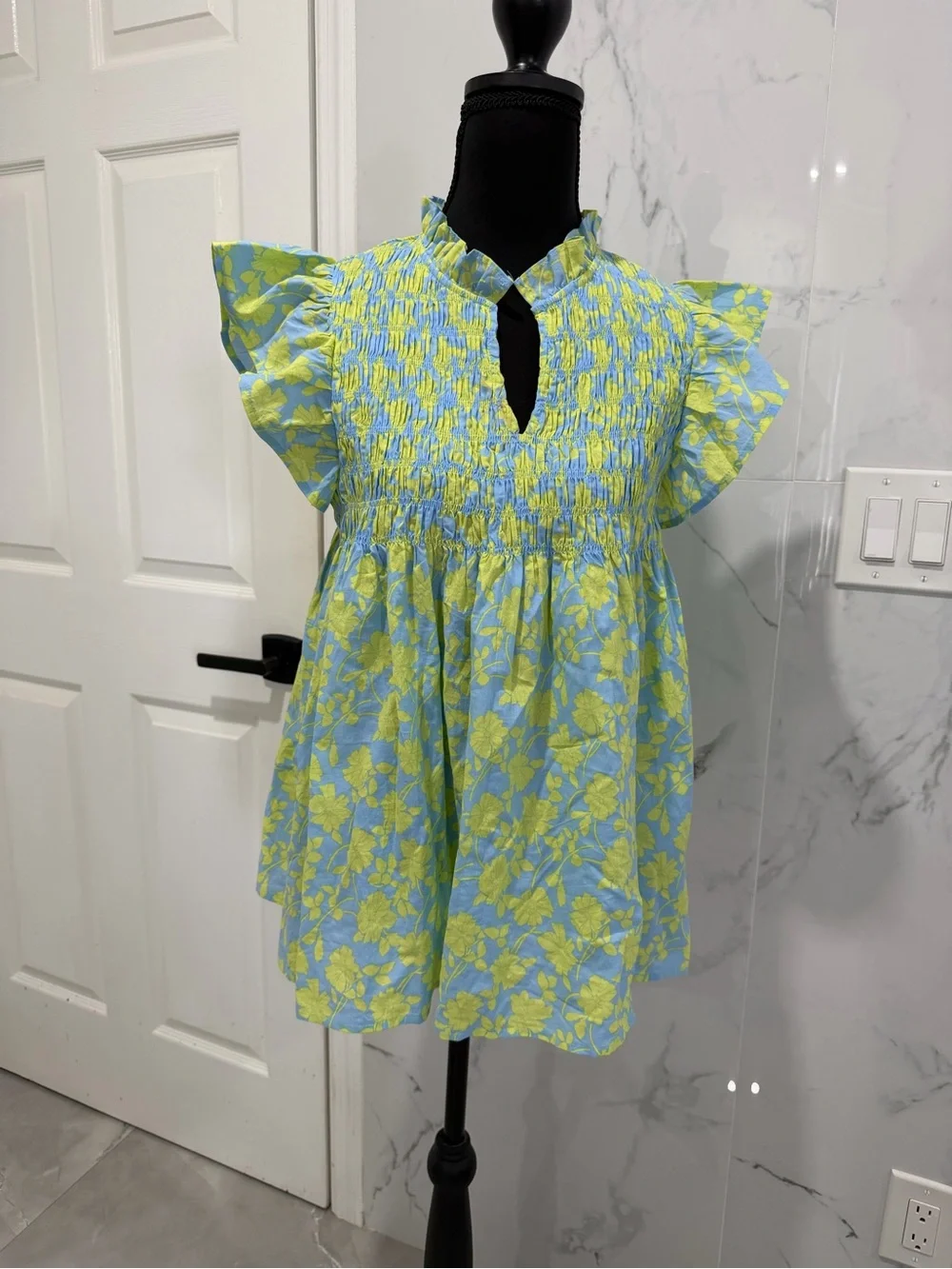 Pinch Blue & Lime Floral Smocked Flutter-Sleeve Top - Picture 1 of 5